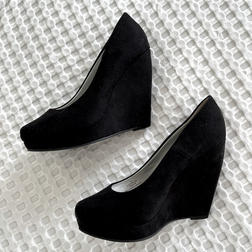XAppeal Black Suede High Heel Wedge Shoes Licorice 154476
